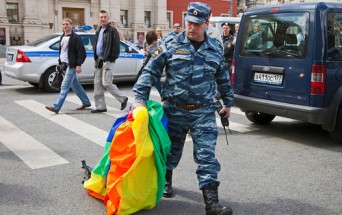 Russian solider with rainbow flag