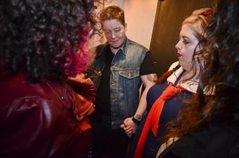 Backstage prayer circle with Ivan Coyote, Leah Lakshmi Piepzna-Samarasinha, Felice Shays and Cal Truman (not pictured). Photo by Kelsey Dickey.