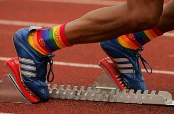 A runner's rainbow socks.