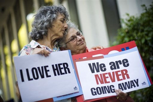MarriageEqualityCouple Lesbian couple with pro-marriage equality signs