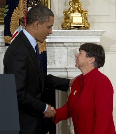 President Obama shakes hands with Mary Jo White