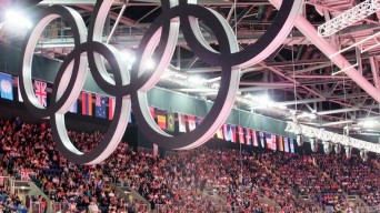 Olympic rings inside arena