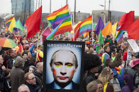 A photo of Russian President Vladimir Putin in makeup, at a rally in Amsterdam (Reuters)