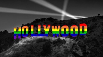 Hollywood sign in rainbow colors