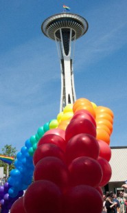 Seattle Space Needle with rainbow balloons Seattle Space Needle with rainbow balloons