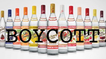 Stoli vodka bottles with the word boycott across them