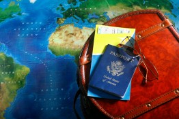 Map, passport and backpack for world travel